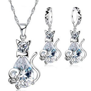 💎 NEW 💎 Cat Kitty 925 Sterling Silver Earrings And Necklace Set Bundle